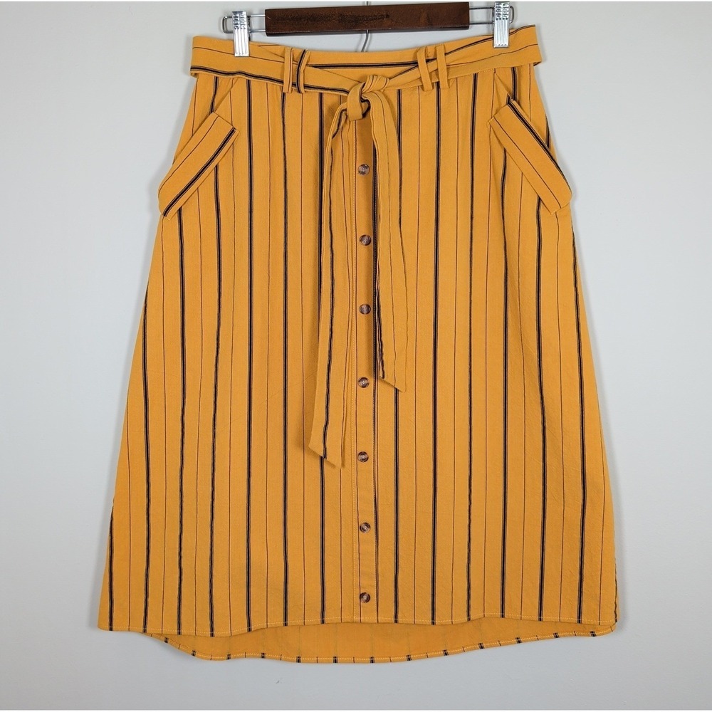 Polagram Mustard Yellow Striped Midi Skirt Elastic Waist Sz Large Dark Academia